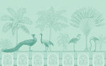 Tapet Zen Oriental cu pauni si pasari orientale intr-un fundal verde - GREEN MUGHAL