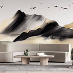 Tapet Zen Oriental cu munti pictati si pasari in stil acrilic - GOLDEN BLACK MOUNTAIN