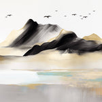 Tapet Zen Oriental cu munti pictati si pasari in stil acrilic - GOLDEN BLACK MOUNTAIN