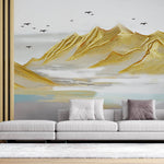 Tapet Zen Oriental cu munti aurii si pasari in zbor - GOLD ACRYLIC PEAKS