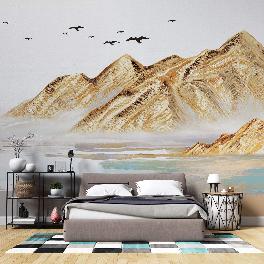 Tapet Zen Oriental cu munti cu textura aurita si pasari in zbor - COPPER ACRYLIC PEAKS