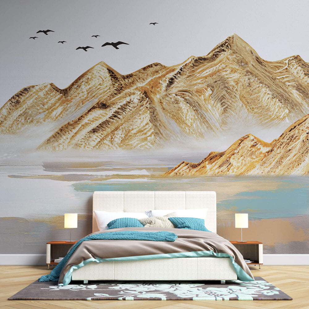 Tapet Zen Oriental cu munti cu textura aurita si pasari in zbor - COPPER ACRYLIC PEAKS