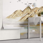 Tapet Zen Oriental cu munti cu textura aurita si pasari in zbor - COPPER ACRYLIC PEAKS
