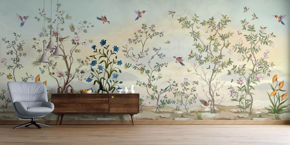 Tapet Zen Oriental cu gradina inflorita si pasari in zbor - SPRING MELODY