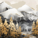 Tapet Zen Oriental cu munti gri si copaci aurii - GOLD LINED MOUNTAINS