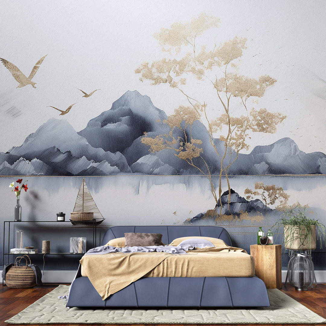 Tapet Zen Oriental cu munti si lac calm - GOLDEN TRANQUILITY