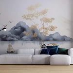 Tapet Zen Oriental cu munti si lac calm - GOLDEN TRANQUILITY