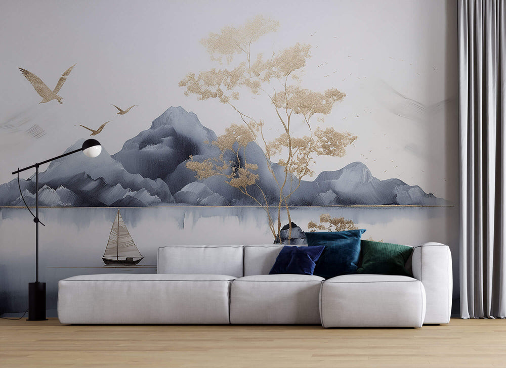 Tapet Zen Oriental cu munti si lac calm - GOLDEN TRANQUILITY