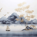 Tapet Zen Oriental cu munti si lac calm - GOLDEN TRANQUILITY