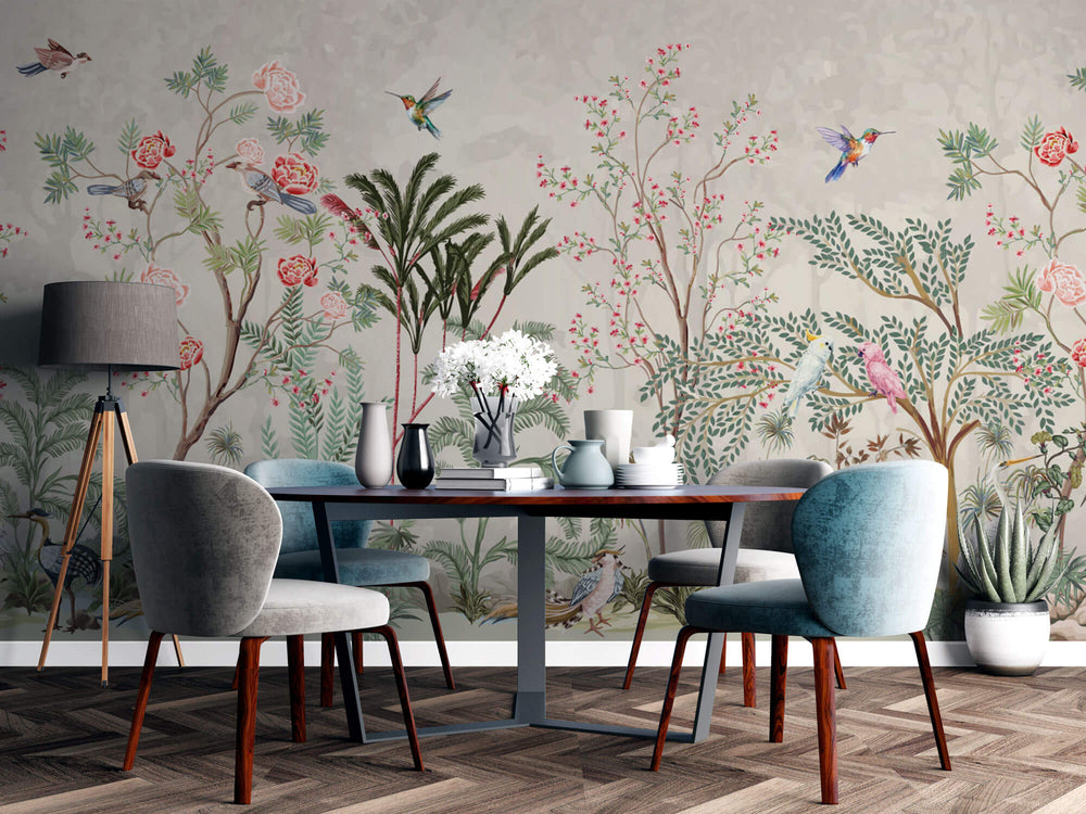 Tapet Zen Oriental cu gradina inflorita in stil chinoiserie cu pasari exotice - CHINOISERIE JUNGLE