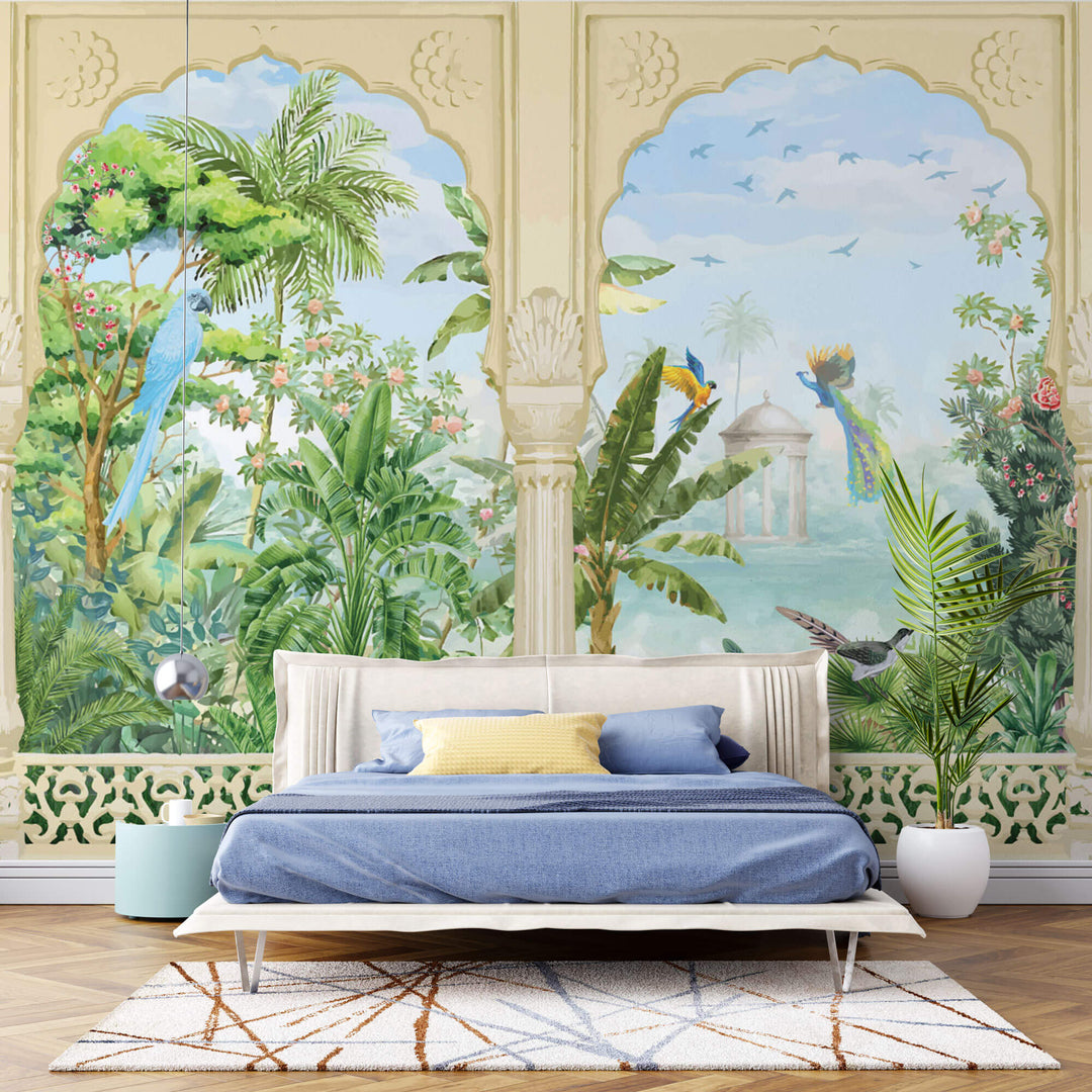 Tapet Zen Oriental cu coloane indiene si priveliste de gradina inflorita - JUNGLE STONE COLUMNS