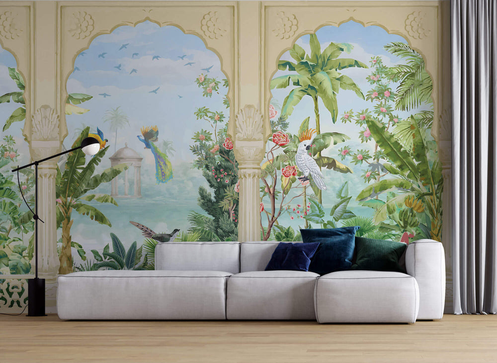 Tapet Zen Oriental cu coloane indiene si priveliste de gradina inflorita - JUNGLE STONE COLUMNS