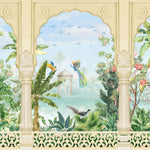Tapet Zen Oriental cu coloane indiene si priveliste de gradina inflorita - JUNGLE STONE COLUMNS