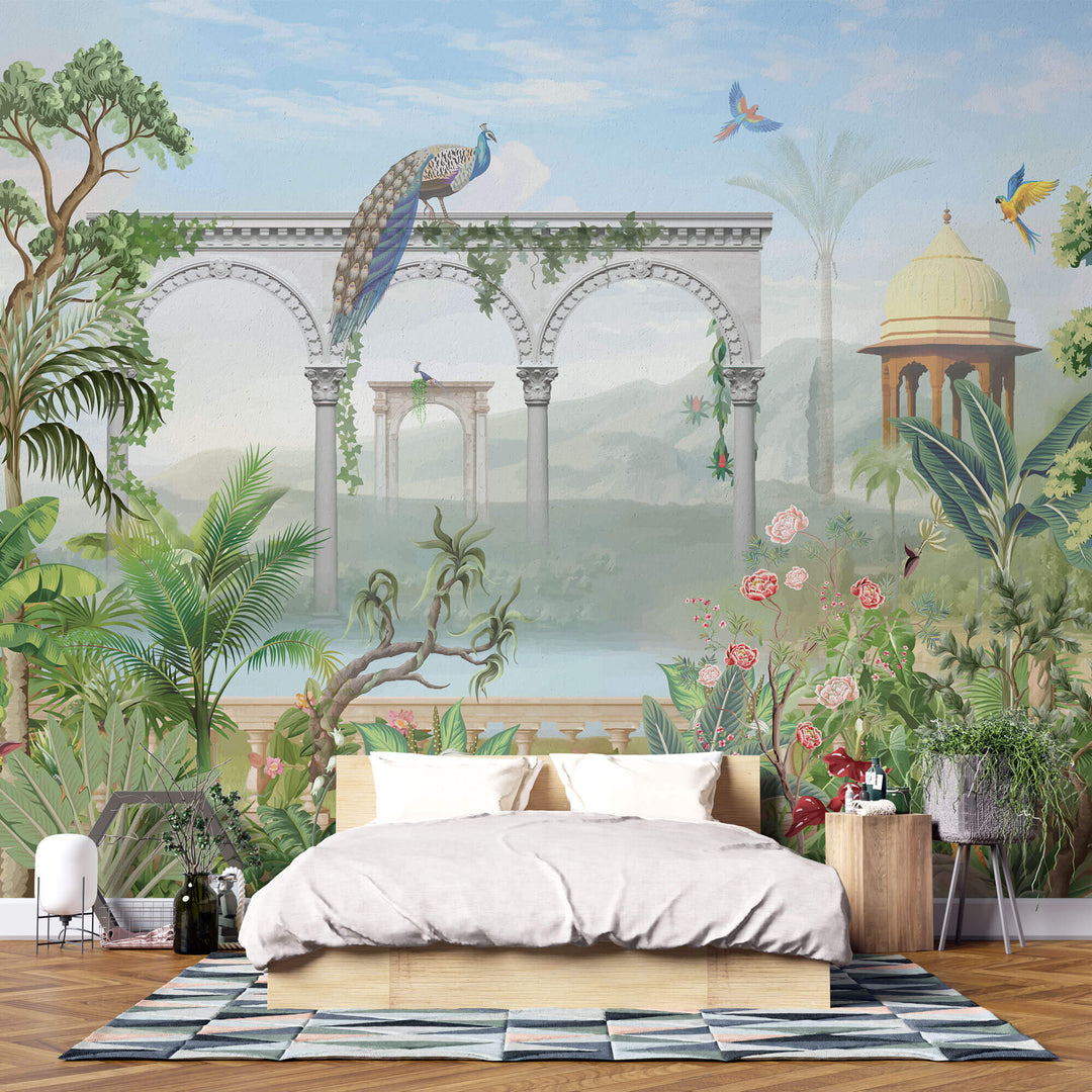 Tapet Zen Oriental cu coloane de piatra si gradina inflorita - FADED ASIAN COLUMNS