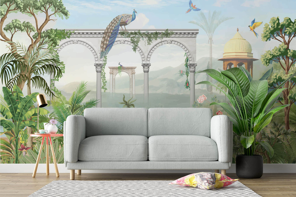 Tapet Zen Oriental cu coloane de piatra si gradina inflorita - FADED ASIAN COLUMNS