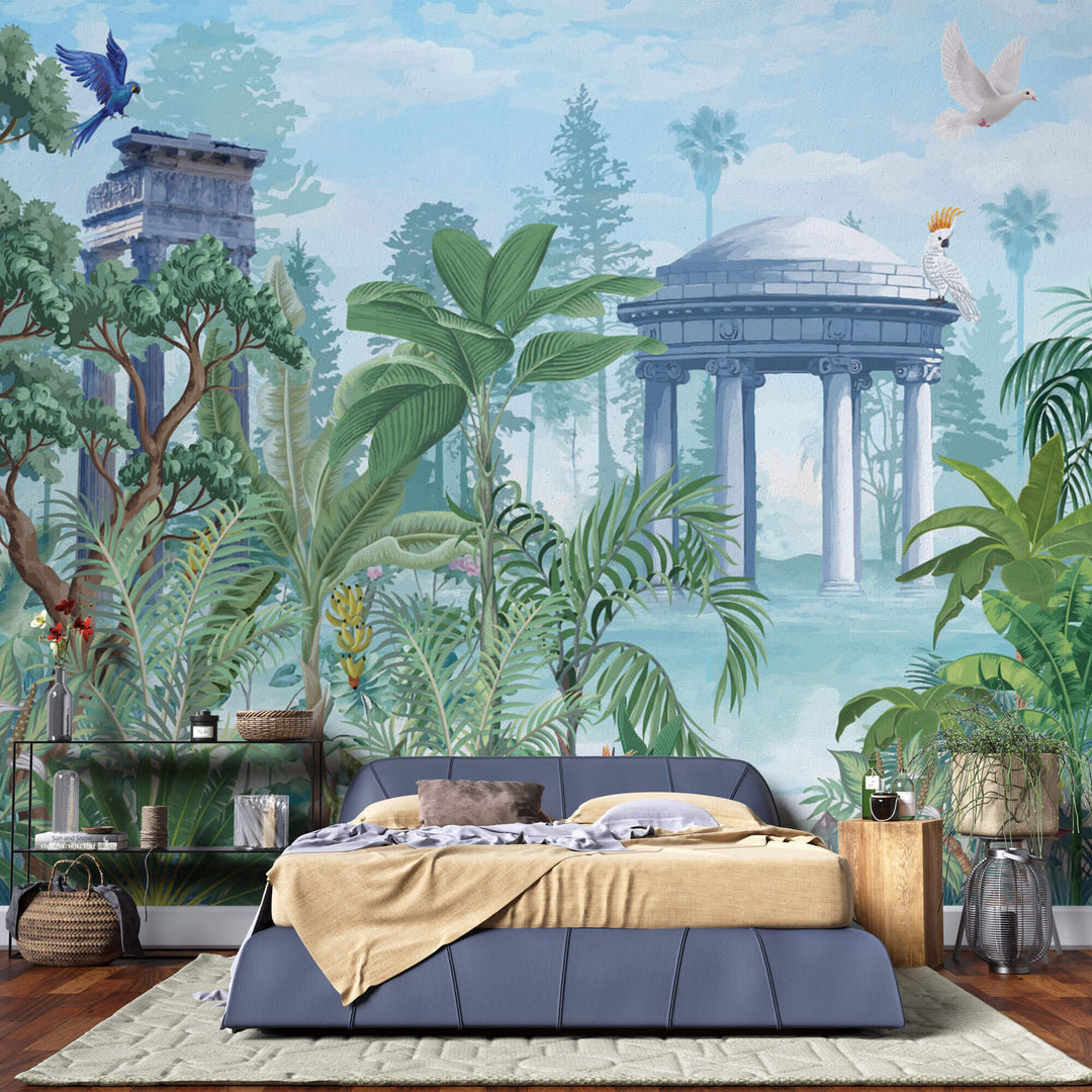 Tapet Zen Oriental cu ruine de piatra si vegetatie cu pasari exotice - BLUE MUGHAL PAVILION