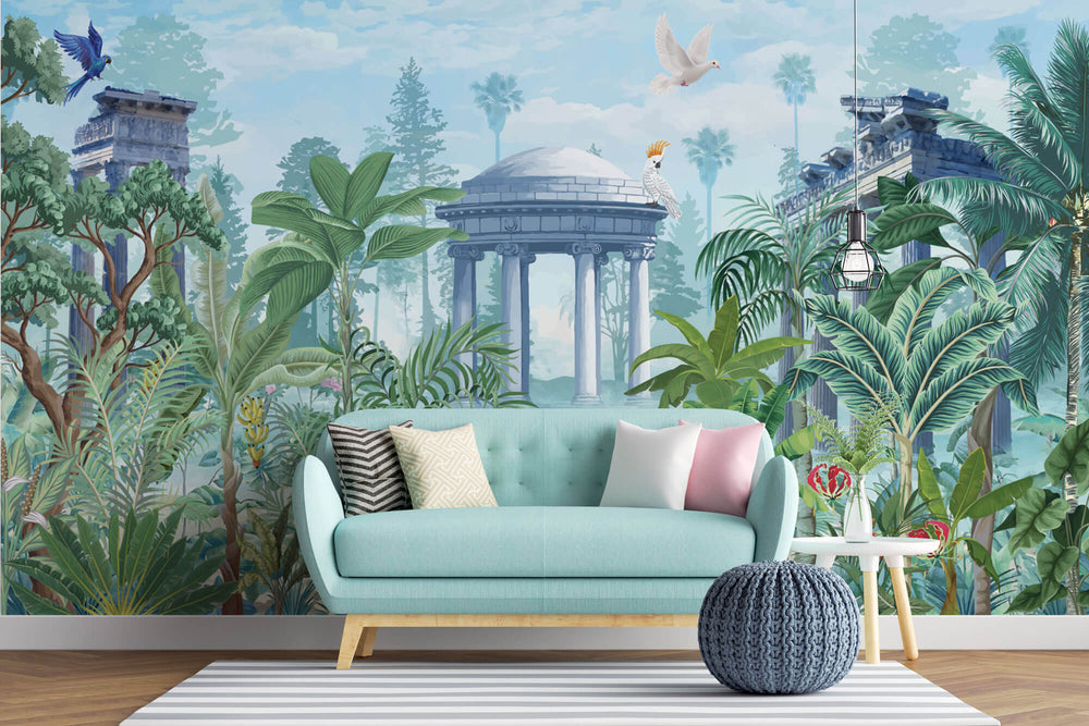 Tapet Zen Oriental cu ruine de piatra si vegetatie cu pasari exotice - BLUE MUGHAL PAVILION