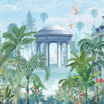Tapet Zen Oriental cu ruine de piatra si vegetatie cu pasari exotice - BLUE MUGHAL PAVILION