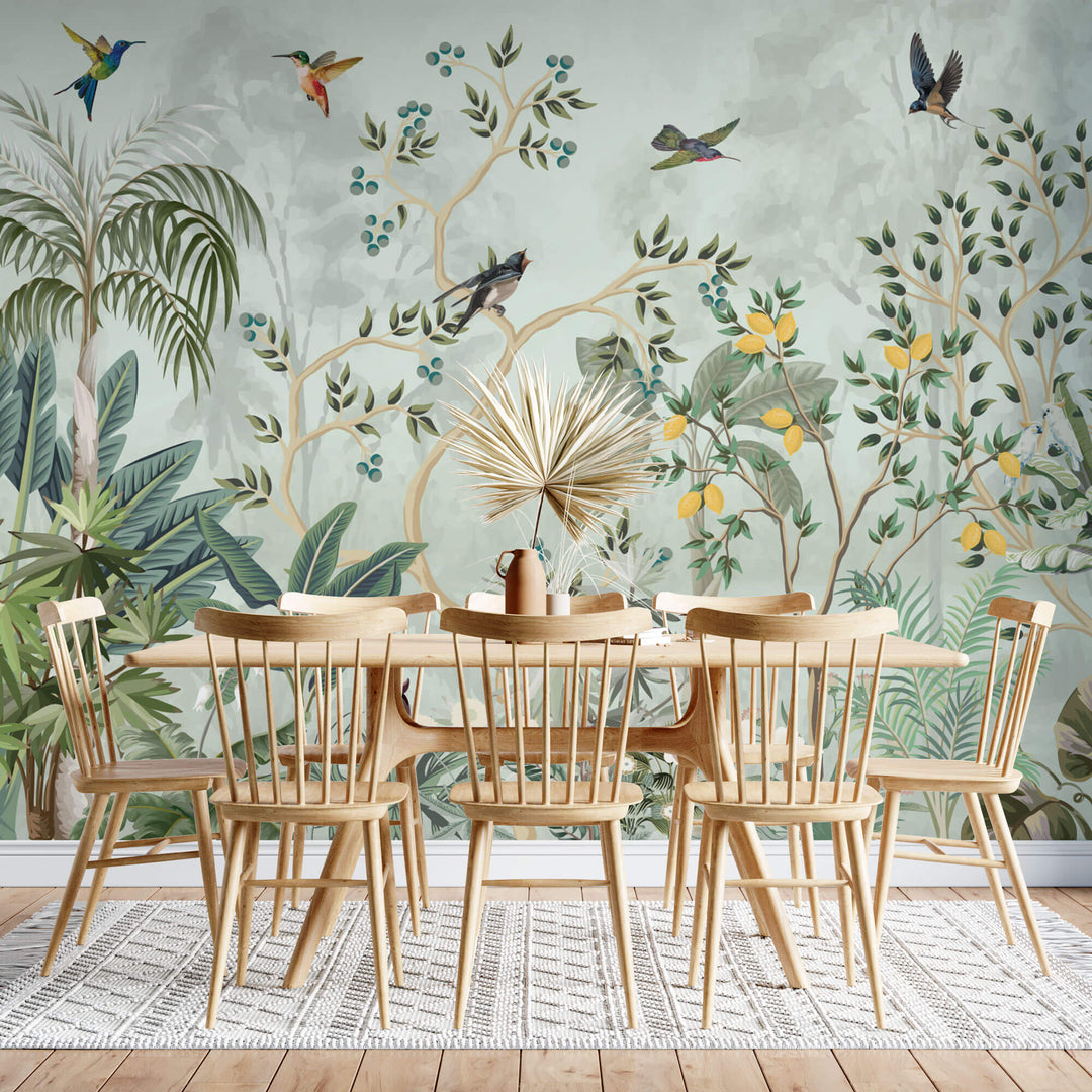 Tapet Zen Oriental cu gradina cu pomi fructiferi si pasari - LEMON CHINOISERIE JUNGLE