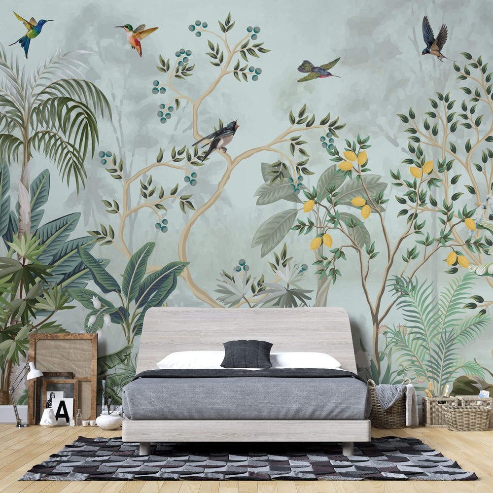 Tapet Zen Oriental cu gradina cu pomi fructiferi si pasari - LEMON CHINOISERIE JUNGLE