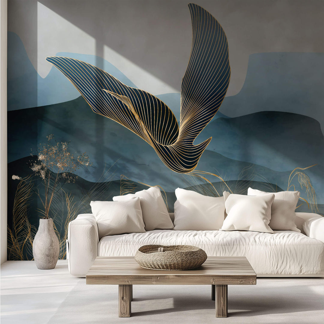 Tapet Zen Oriental cu egrete ilustrate in stil abstract pe un fundal in nuante de albastru - GOLDEN LINE CRANES