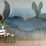 Tapet Zen Oriental cu egrete ilustrate in stil abstract pe un fundal in nuante de albastru - GOLDEN LINE CRANES