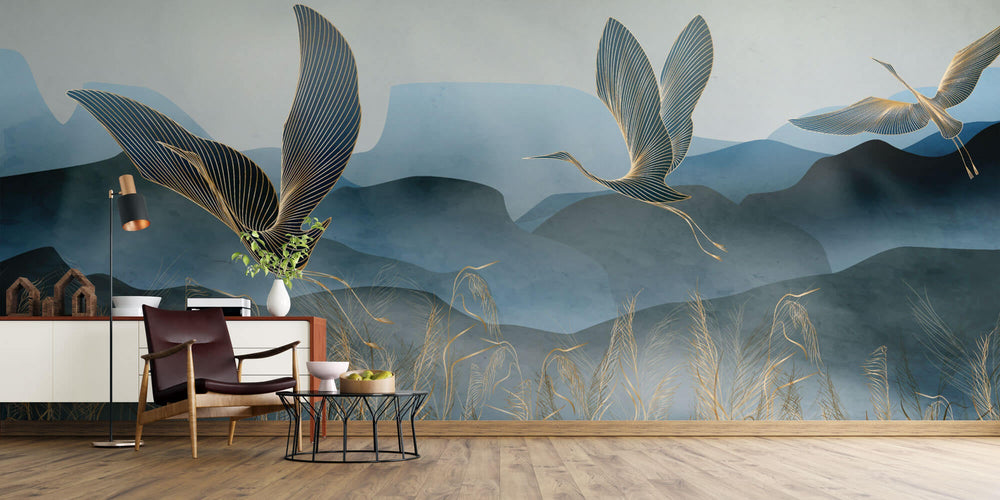 Tapet Zen Oriental cu egrete ilustrate in stil abstract pe un fundal in nuante de albastru - GOLDEN LINE CRANES