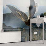 Tapet Zen Oriental cu egrete ilustrate in stil abstract pe un fundal in nuante de albastru - GOLDEN LINE CRANES