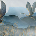 Tapet Zen Oriental cu egrete ilustrate in stil abstract pe un fundal in nuante de albastru - GOLDEN LINE CRANES