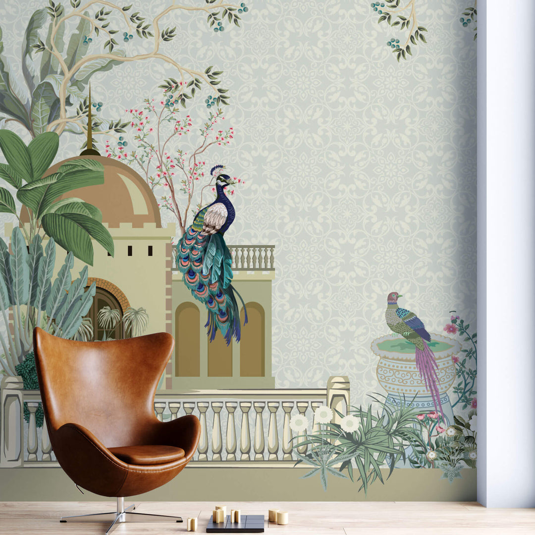 Tapet Zen Oriental cu templu indian cu pauni si fantana de apa - MUGHAL PEACE GARDEN