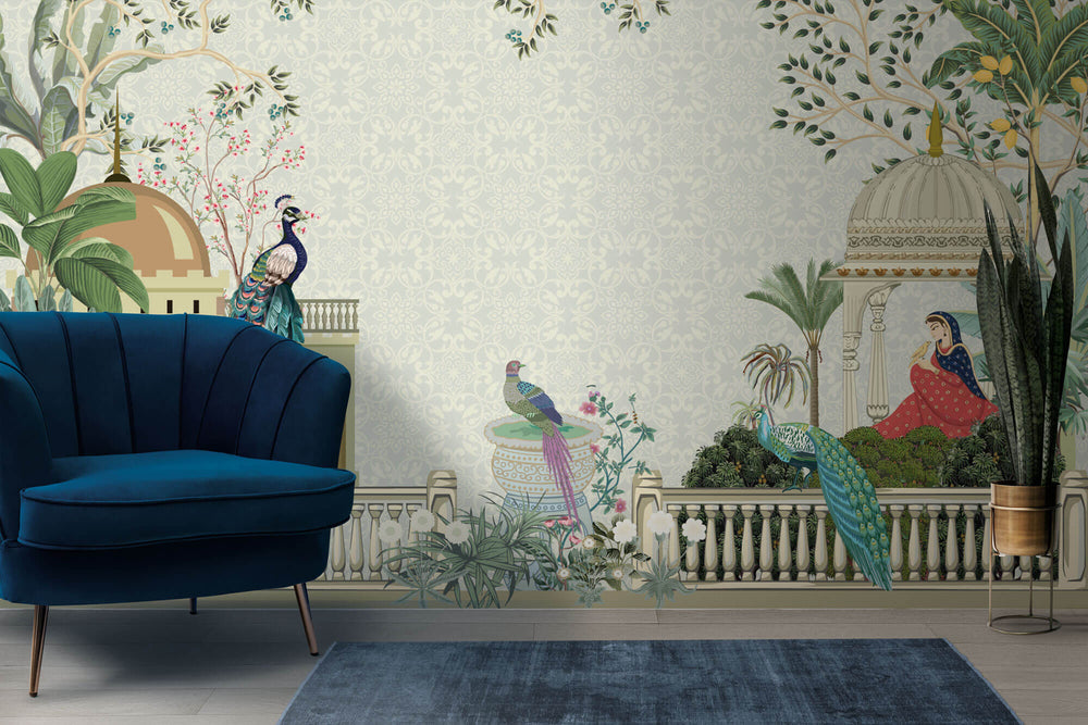 Tapet Zen Oriental cu templu indian cu pauni si fantana de apa - MUGHAL PEACE GARDEN