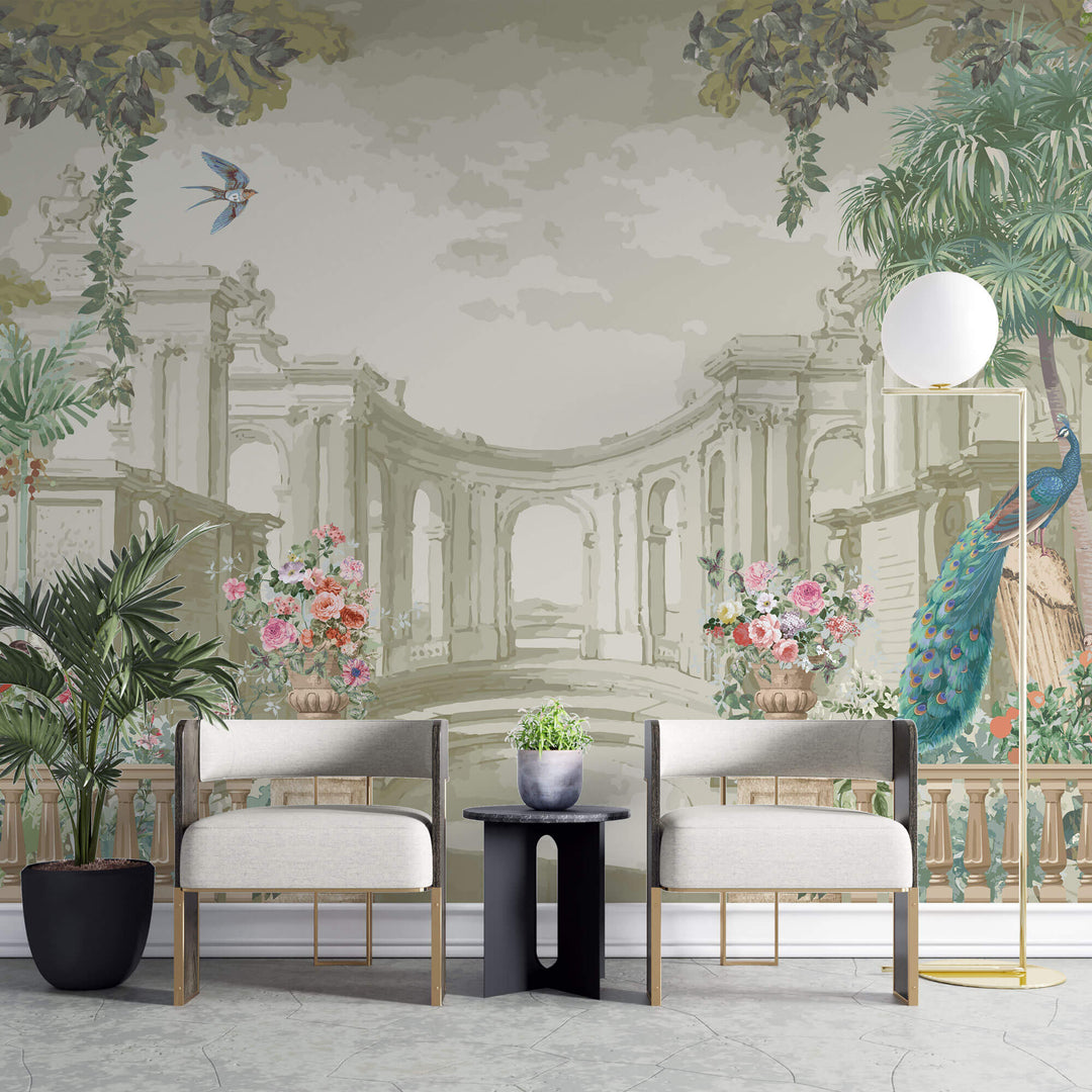 Tapet Zen Oriental cu ruine de piatra pauni si trandafiri infloriti - BLUE PEACOCK RUINS