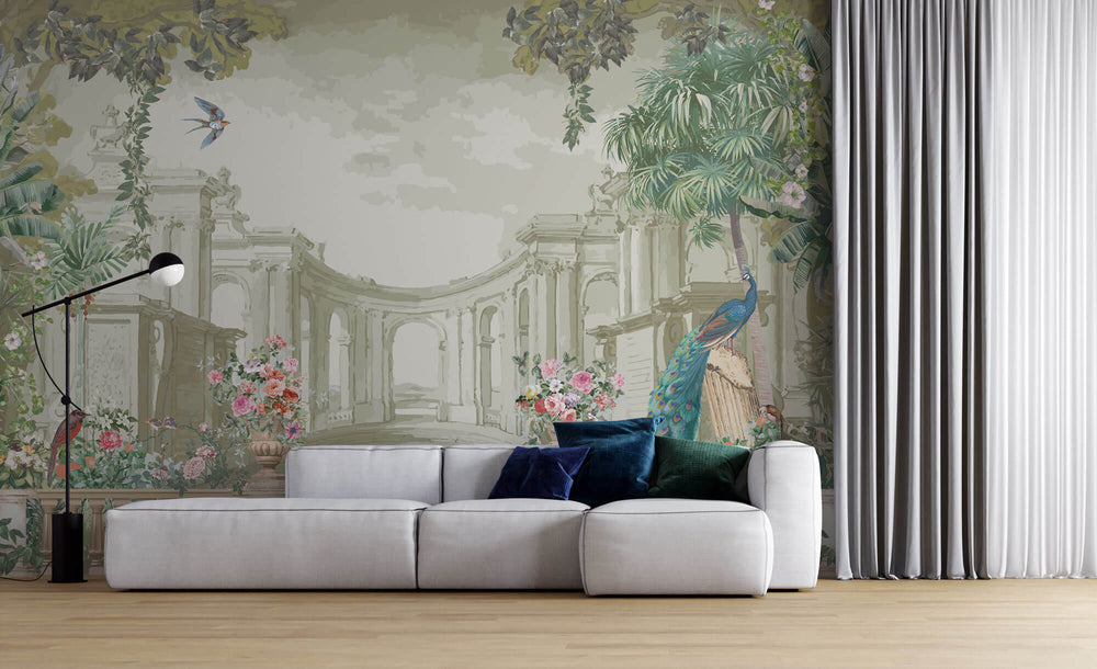 Tapet Zen Oriental cu ruine de piatra pauni si trandafiri infloriti - BLUE PEACOCK RUINS