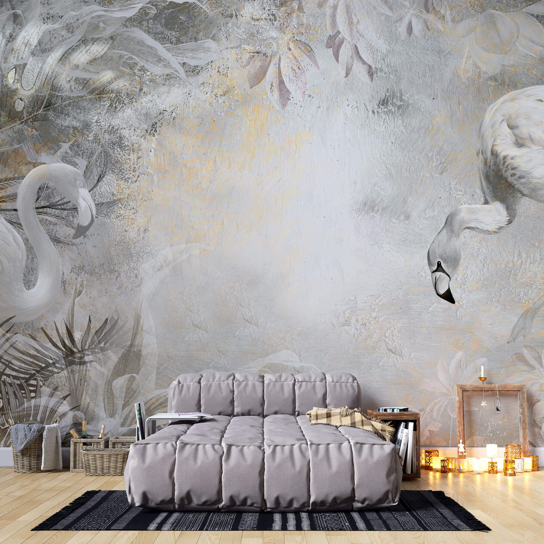 Tapet Zen Oriental cu flamingo albi plante exotice si textura de stucco - STUCCO WHITE FLAMINGO