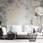 Tapet Zen Oriental cu flamingo albi plante exotice si textura de stucco - STUCCO WHITE FLAMINGO