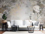 Tapet Zen Oriental cu flamingo albi plante exotice si textura de stucco - STUCCO WHITE FLAMINGO