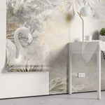 Tapet Zen Oriental cu flamingo albi plante exotice si textura de stucco - STUCCO WHITE FLAMINGO