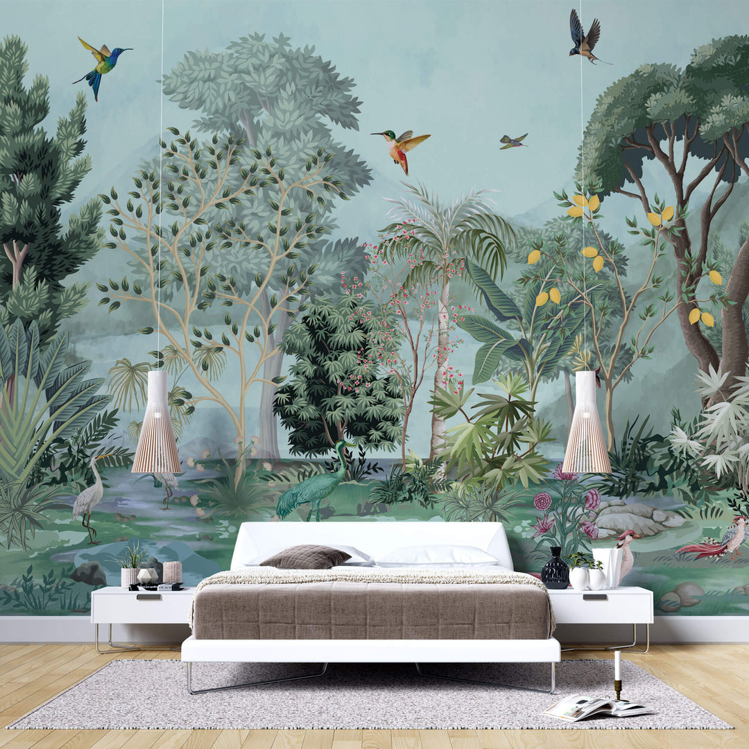 Tapet Zen Oriental cu pomi fructiferi infloriti si pasari exotice - ASIAN SPRING GARDEN