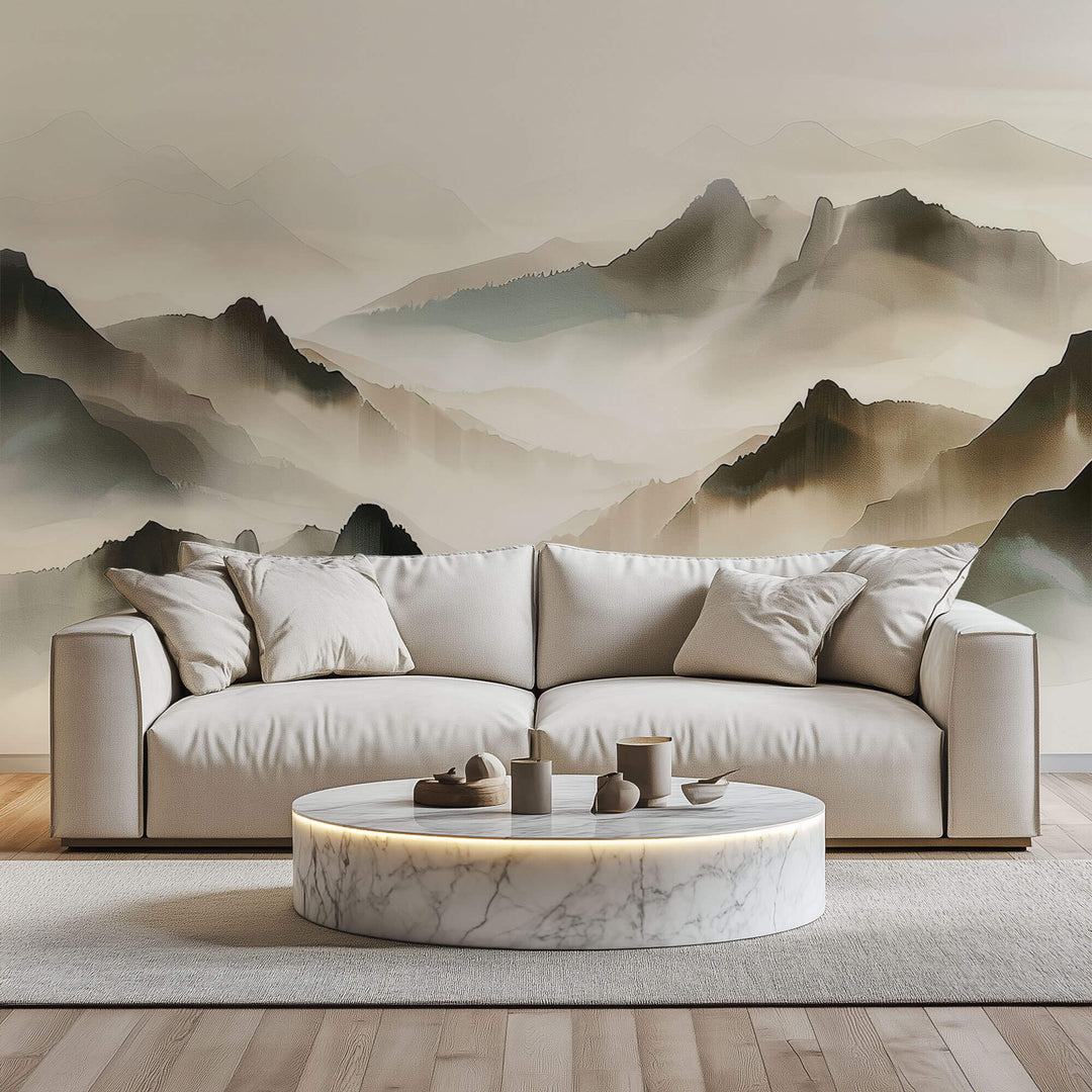 Tapet Zen Oriental cu munti pictati cu textura 1 - WATERCOLOR ZEN MOUNTAINS I