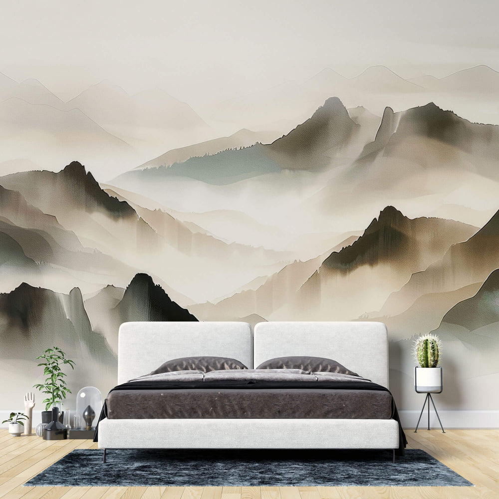 Tapet Zen Oriental cu munti pictati cu textura 1 - WATERCOLOR ZEN MOUNTAINS I