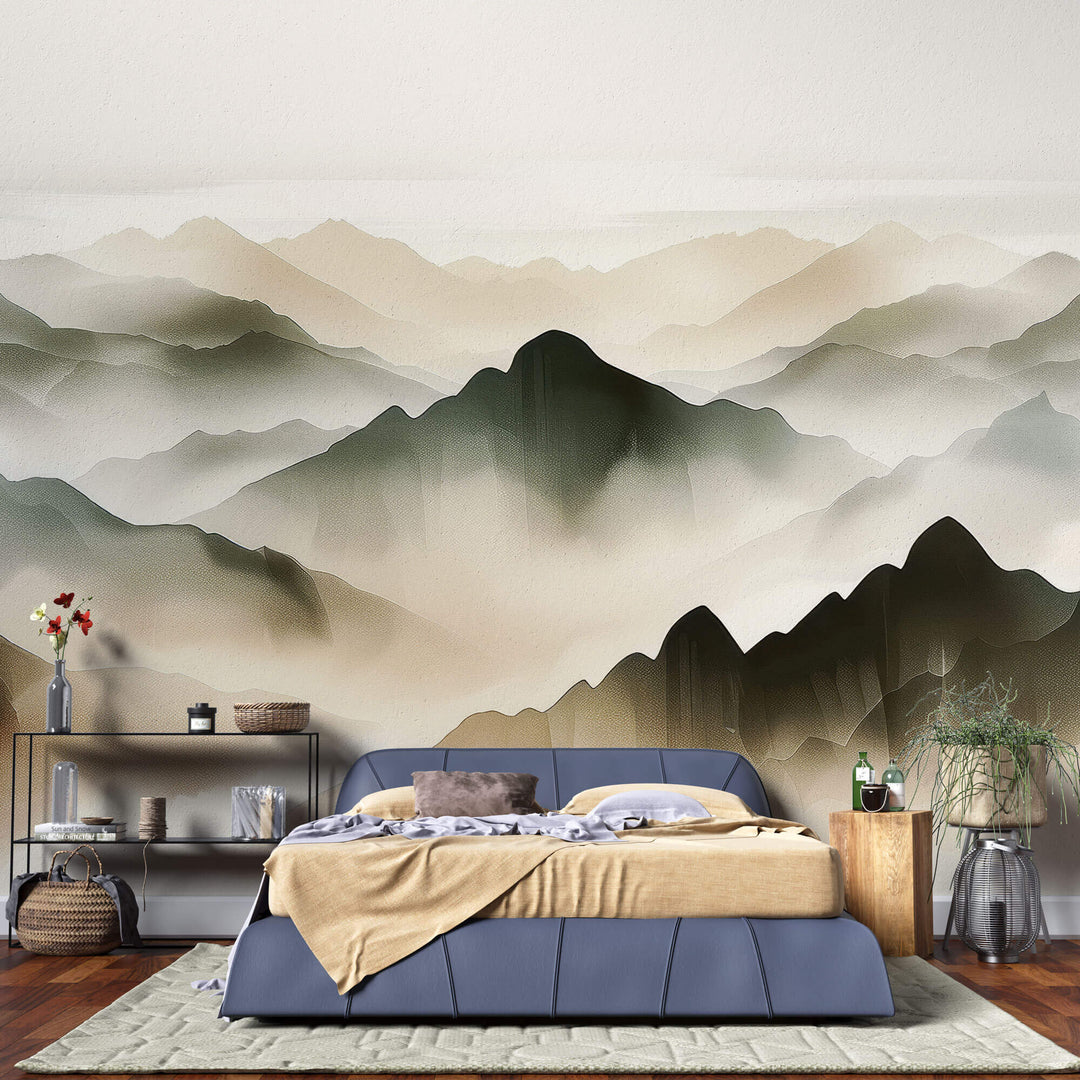Tapet Zen Oriental cu munti pictati cu textura 2 - WATERCOLOR ZEN MOUNTAINS II