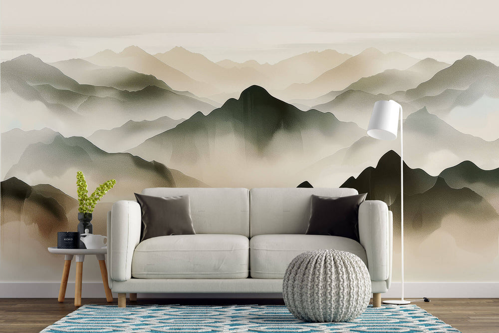 Tapet Zen Oriental cu munti pictati cu textura 2 - WATERCOLOR ZEN MOUNTAINS II