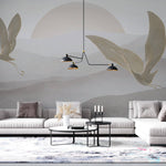 Tapet Zen Oriental cu egrete ilustrate in stil abstract pe un fundal in nuante de gri - HEAVEN CRANES