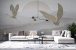 Tapet Zen Oriental cu egrete ilustrate in stil abstract pe un fundal in nuante de gri - HEAVEN CRANES