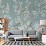Tapet Zen Oriental cu gradina in stil chinoiserie cu pasari - MINT WHITE CHINOISERIE