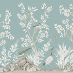 Tapet Zen Oriental cu gradina in stil chinoiserie cu pasari - MINT WHITE CHINOISERIE
