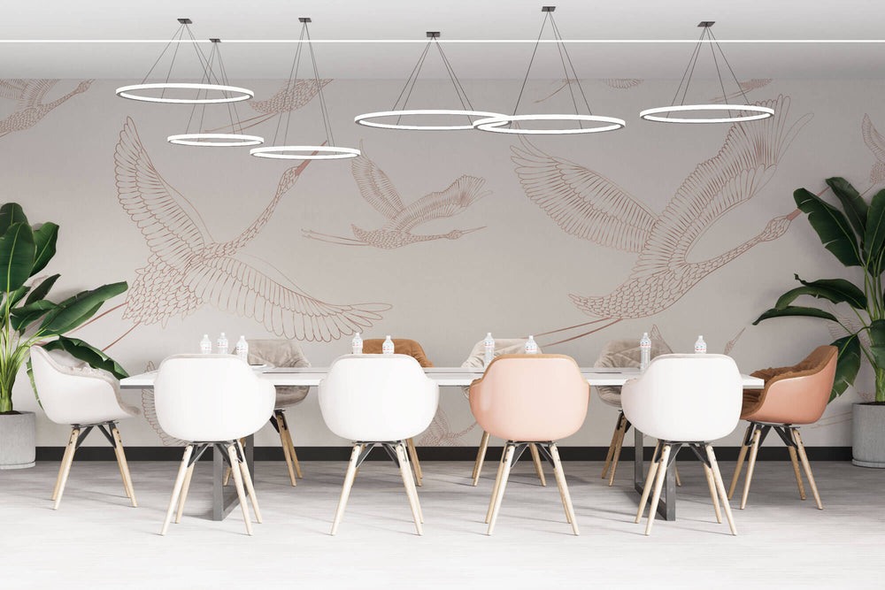 Tapet Zen Oriental cu egrete ilustrate - FLYING CRANES PATERN