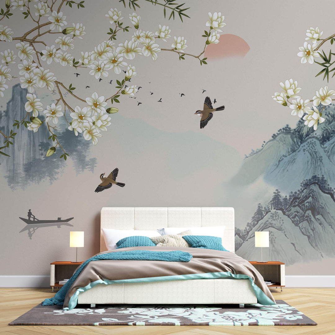 Tapet Zen Oriental cu peisaj asiatic montan cu magnolie alba inflorita si pasari - MAGNOLIA MOUNTAIN SERENITY