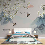 Tapet Zen Oriental cu peisaj asiatic montan cu magnolie alba inflorita si pasari - MAGNOLIA MOUNTAIN SERENITY