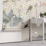 Tapet Zen Oriental cu peisaj asiatic montan cu magnolie alba inflorita si pasari - MAGNOLIA MOUNTAIN SERENITY